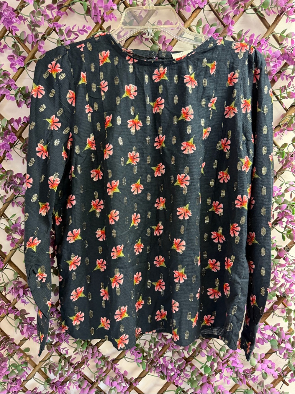 NWT LOFT Women's Floral Long-Sleeve Blouse – Black with Pink Floral Print
